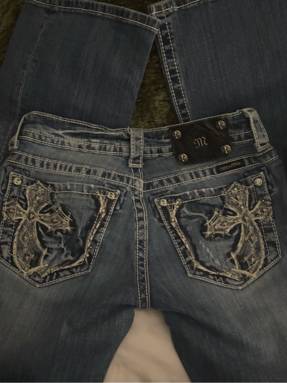Miss Me Dark Blue Bootcut Jeans with Embroidered Cross Pockets